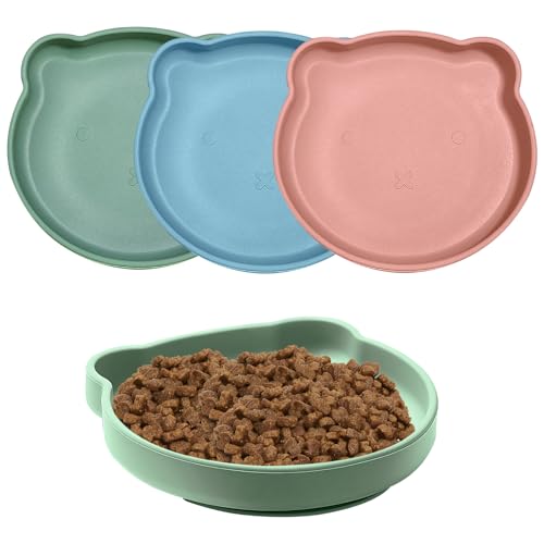 WIYETY Silikon Katzen Napf flach: 3 Stück Katzennäpfe, Mehrfarbiges Haustier Napf Set, Flacher Tiernapf für Nassfutter mit Saugnapf, Futternap für Katzen & Hunde (Pink/Blau/Grün) von WIYETY