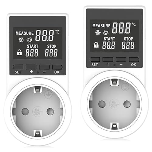 WIYETY Temperaturregler 230v mit Fühler: 2 Stück Digitaler Steckdosen Thermostat mit LCD Bildschirm, Play und Plug Temperatur Feuchtigkeit Regler für Gewächshaus, Aquarium, Terrarium von WIYETY