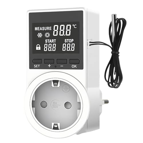 WIYETY Temperaturregler 230v mit Fühler: Digitaler Steckdosen Thermostat mit LCD Bildschirm, Play und Plug Temperatur Feuchtigkeit Regler mit 2pc Thermometerkopf für Gewächshaus, Aquarium, Terrarium von WIYETY