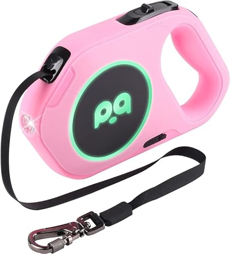 Einziehbare Hundeleine Aufgerüstet Wiederaufladbar mit LED-Licht, Einhandbremse und Entriegelung Verwicklungsfreie Haustierleinen 16ft/5m Nylonband für bis zu 88lbs kleine mittelgroße Hunde (rosa) von WIZPET