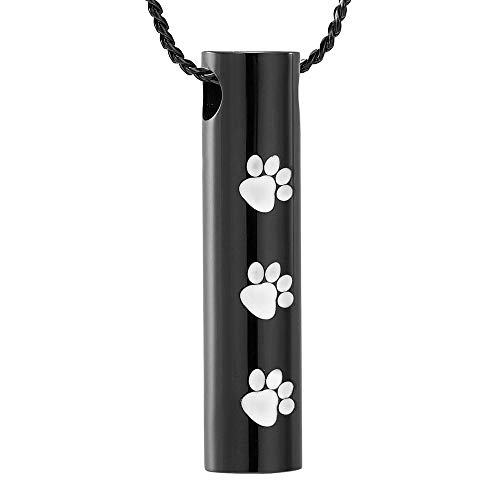 WJDT Halskette mit Anhänger mit Pfotenabdruckmotiv, zylinderförmig, für Asche, Andenken, aus Edelstahl, für Hunde und Katzen, Schwarz von WJDT