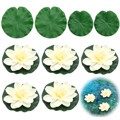 WJMY Seerosen Künstlich Set für Teich, 5 Stück Seerosen Künstlich(10cm) + 4 Stück Künstlich Lotosblatt, Schwimmende Teichdeko, Miniteich Deko für Heimteiche, Bäche, Aquarien (Weiß) von WJMY