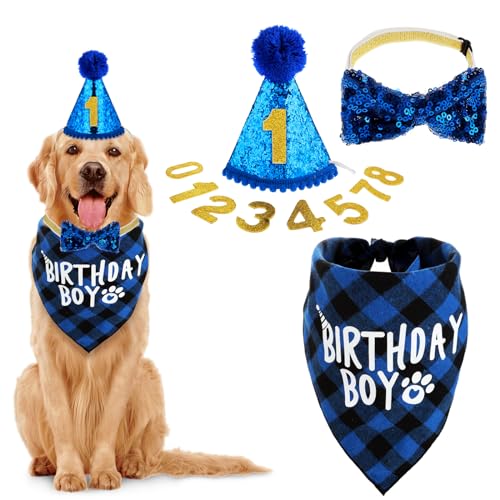 WLLHYF Geburtstagsparty-Zubehör für Hunde - Bandana-Set, Geburtstagsmütze Mit Zahlen, Fliege für Kleine, Mittelgroße und Große Haustiere (XL-Bandana) von WLLHYF