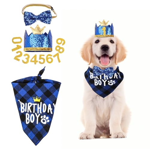WLLHYF Geburtstagsparty-Zubehör für Hunde - Niedliches Bandana-Set Mit Fliege und Kronenhut Mit Zahlen für Kleine, Mittelgroße und Große Hunde von WLLHYF