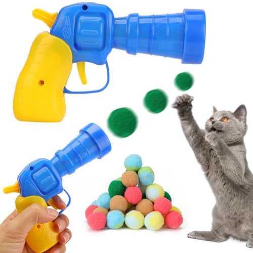 WLLHYF Katzenspielzeug Ball interaktives Katzenspielzeug Launcher Plüschball-Shooter selbstspielendes Katzen-Haarballenspielzeug mit 50 Pom-Pom-Bällen für das Haustiertraining und Spielen (Blau) von WLLHYF