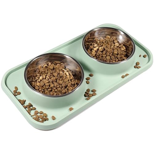 Doppelter Katzennapf aus Edelstahl, Rutschfester Katzenfutternapf, Haustiernäpfe mit Standwasser, Hundefutter, Wasserspender, Katzenzubehör Katzennapf (Color : Green) von WLTYSM