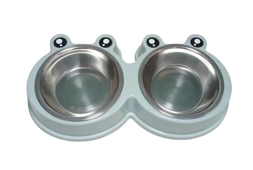 Haustier-Frosch-Doppelnäpfe for Katzen und Hunde for Essen und Trinken, integrierte Kunststoff-Edelstahlschüssel, Geschirrzubehör Katzennapf (Color : Blue Stainless Steel) von WLTYSM