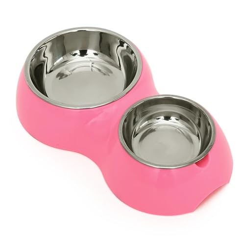 Katzen-Welpen-Kätzchen-Futterspender, Tierfutter- und Wassernäpfe, Futterspender, Heimtierbedarf, Edelstahl, Einzelnapf, Doppelnapf Katzennapf (Color : Pink Double Bowl, Size : L) von WLTYSM