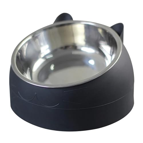 Katzen- und Hundenapf, 15 Grad erhöht, Rutschfester Welpensockel aus Edelstahl, Katzenfutter-Trinkwasser-Futternapf, neigbarer Halsschutz for Haustiere Katzennapf (Color : Black, Size : 200ML) von WLTYSM