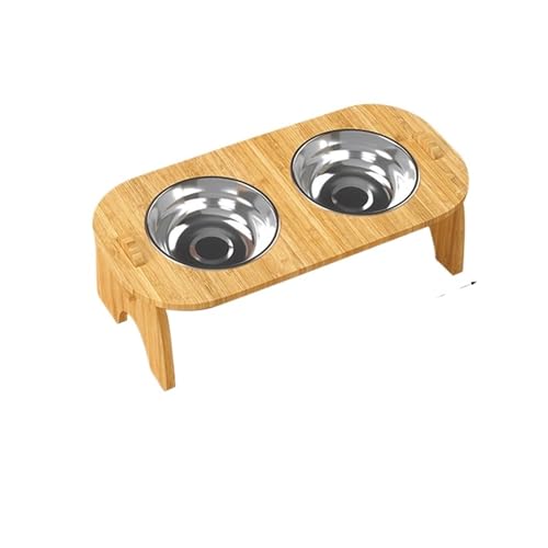 Katzennapf aus Edelstahl, erhöhter Futterspender for Haustiere, Wassernäpfe, auslaufsicher, Rutschfester Bambustisch, 15 Grad neigbarer Futterbehälter Katzennapf (Color : 02) von WLTYSM