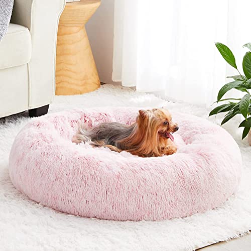 WNPETHOME Beruhigendes Hundebett Katzenliege Donut, Kunstfell Haustierbett Selbstwärmende Donut Kuschel, bequeme runde Plüsch-Hundebetten (76,2 x 76,2 x 25,4 cm, Hellrosa) von WNPETHOME