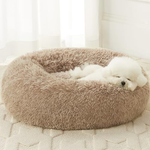 WNPETHOME Beruhigendes Hundebett & Katzenbett, Anti-Angst Donut Kleine Hundebett, Flauschiges Kunstfell Katze Kissen Hundebett für kleine Hunde und Katzen (68,6 x 68,6 cm, Braun) von WNPETHOME