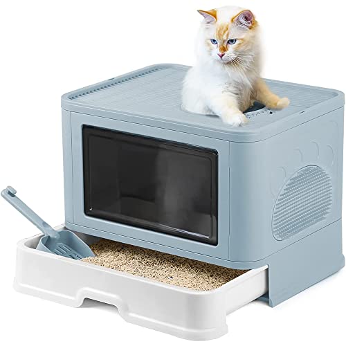 Katzentoilette | Katzentoilette mit Deckel, faltbare Katzentoilette mit Schublade und Schaufel | leicht zu reinigen | PP + PS (g, blau) von WODFARR