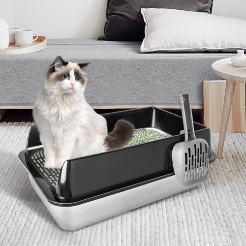 Katzentoilette aus Edelstahl für Katzen, Katzentoilette mit Deckel, Metall, leicht zu reinigen, glatte Basis für Langlebigkeit und Stabilität (50 x 35 x 24 cm, schwarz) von WODFARR