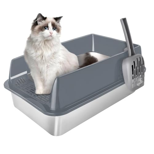 Katzentoilette aus Edelstahl für Katzen, Schale mit Deckel, Metall, leicht zu reinigen, glatte Basis für Langlebigkeit und Stabilität (60 x 40 x 30 cm, grau) von WODFARR