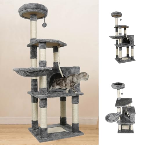 Kratzbaum, Höhe 135 cm, Spielturm für Katzen, mehrstöckige Struktur mit Terrier und Ruheplatz für Kletterkatzen, Grau Kratzbaum, Höhe 135 cm, Spielturm für Katzen, mehrstöckige Struktur mit Terrier und Ruheplatz für Kletterkatzen, Grau von WODFARR