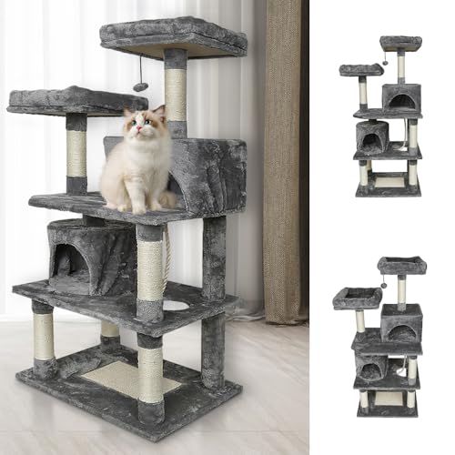 Kratzbaum 145 cm, Spielturm für Katzen, 2 Terrier, 2 Sitzstangen, 2 Plüschbälle, Klettergerüst, Grau Kratzbaum 145 cm, Spielturm für Katzen, 2 Terrier, 2 Sitzstangen, 2 Plüschbälle, Klettergerüst, Grau von WODFARR