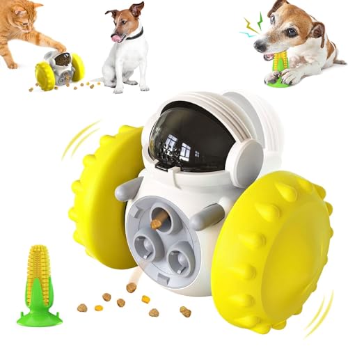 Pet Treat Dispensing Puzzle Slow Feeder Toys,Dog Enrichment Toys for IQ Training Fun Multifunction Interactive Chase Dog Cat Toys,Pet Leaky Food Tumbler Toy Comes with teething stick ( Color : Yellow von WOMELF