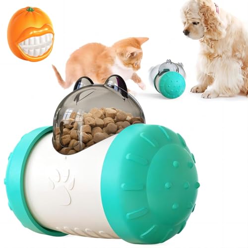WOMELF Dispensing Dog Toy, Tumbler Dog Cat Food Dispenser Feeder Ball Toys, Interactive Chase Toys for Pets Increases IQ Comes with Teething Ball (Color : Blue White) von WOMELF