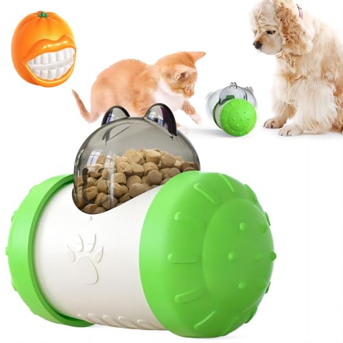 WOMELF Dispensing Dog Toy, Tumbler Dog Cat Food Dispenser Feeder Ball Toys, Interactive Chase Toys for Pets Increases IQ Comes with Teething Ball (Color : Green White) von WOMELF