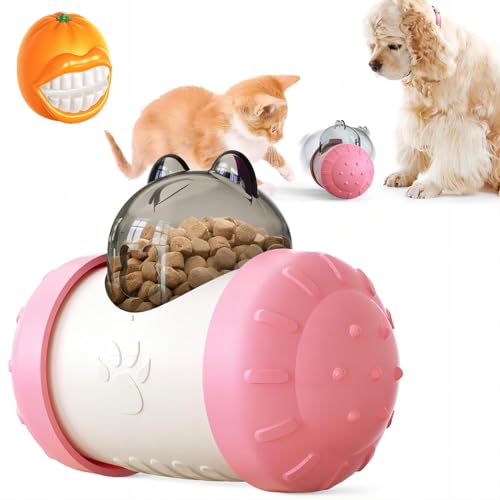 WOMELF Dispensing Dog Toy, Tumbler Dog Cat Food Dispenser Feeder Ball Toys, Interactive Chase Toys for Pets Increases IQ Comes with Teething Ball (Color : Pink White) von WOMELF