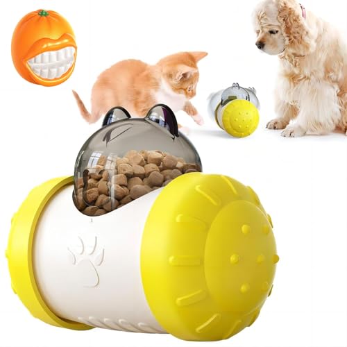 WOMELF Dispensing Dog Toy, Tumbler Dog Cat Food Dispenser Feeder Ball Toys, Interactive Chase Toys for Pets Increases IQ Comes with Teething Ball (Color : Yellow White) von WOMELF