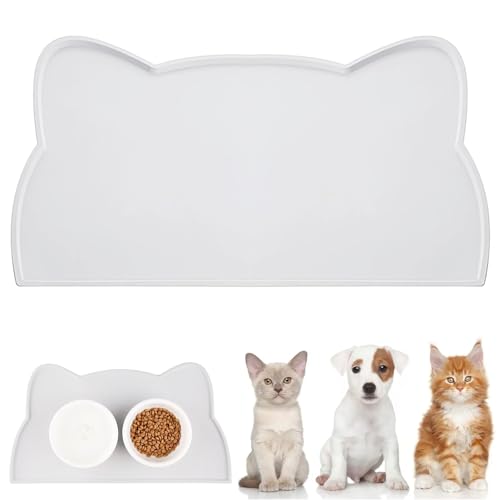 WOMLEX Napfunterlage Hund Katzen, Hundenapf Unterlage Katzennapf Unterlage aus Silikon, Hunde Katzen Futtermatte wasserdichte und rutschfeste Katzenkopfform (Hellgrau, 44x25cm) von WOMLEX