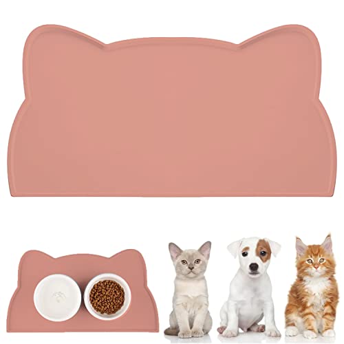 WOMLEX Napfunterlage Hund Katzen, Hundenapf Unterlage Katzennapf Unterlage aus Silikon, Hunde Katzen Futtermatte wasserdichte und rutschfeste Katzenkopfform (30x52cm, rosa) von WOMLEX