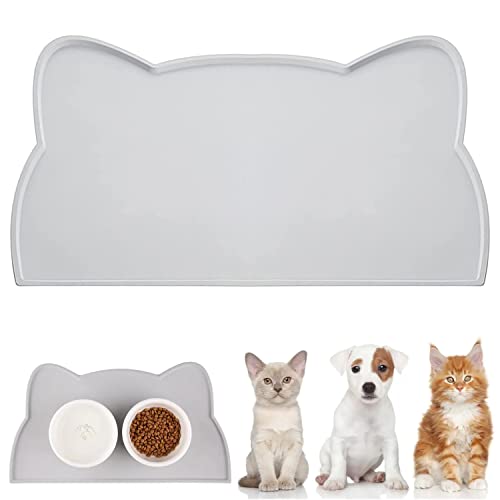 WOMLEX Napfunterlage Hund Katzen, Hundenapf Unterlage Katzennapf Unterlage aus Silikon, Hunde Katzen Futtermatte wasserdichte und rutschfeste Katzenkopfform (Grau, 52x30cm) von WOMLEX