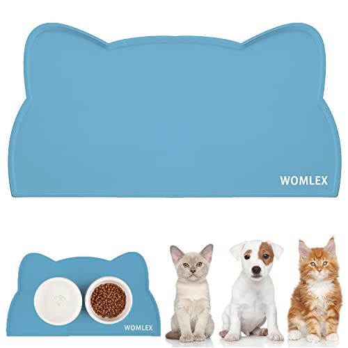 WOMLEX Napfunterlage Hund Katzen, Hundenapf Unterlage Katzennapf Unterlage aus Silikon, Hunde Katzen Futtermatte wasserdichte und rutschfeste Katzenkopfform (Blau, 44x25cm) von WOMLEX