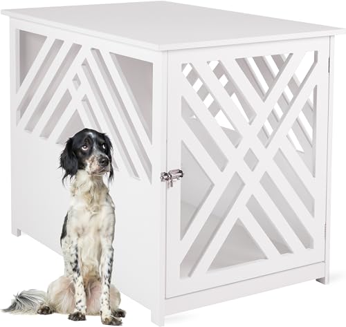 WONDERMAKE® Design Hundekäfig aus Holz für Zuhause Wohnung mit Beistelltisch, Hundebox fürs Wohnzimmer Indoor, 90x60 cm weiß von WONDERMAKE