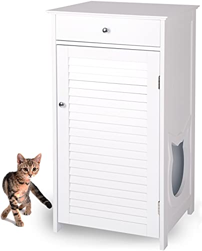 WONDERMAKE® Katzenschrank für Katzentoilette groß hoch aus Holz, Katzenklo-Schrank Kommode mit Schublade und Tür geschlossen, Design Katzen-Haus Toilette Klo XL, 51 x 46 x 96 cm, weiß von WONDERMAKE