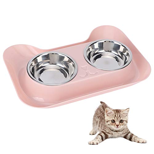 Doppelschüssel für Katzen aus Edelstahl mit Katzengesicht – einfache Reinigung und Fütterungsschale für Katzen (Rosa) von WONZHEC