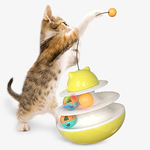 WONZHEC ** CAT Interactive Track Tower mit 2 -Level -Plattenspieler und Rollbällen - Katzenministerspielzeug für mentale und physische Stimulation - Lake Blue ** (Gelb) von WONZHEC