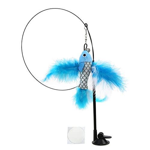 WONZHEC Katzenspielzeug mit Federn und interaktivem Saugnapf, mit wendbarem Kopf, fliegende blaue Fische (blauer fliegender Fisch) von WONZHEC