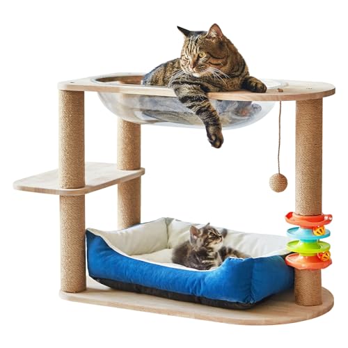 Katzenturm mit 2 Ebenen, 55,5 cm, aus Holz, mit Hängematte und Sisalseil, Kratzbaum, hängende Spielzeugbälle für den Innenbereich, große Katzen, Kätzchen Katzenturm mit 2 Ebenen, 55,5 cm, aus Holz, mit Hängematte und Sisalseil, Kratzbaum, hängende Spielzeugbälle für den Innenbereich, große Katzen, Kätzchen von WOODPURR
