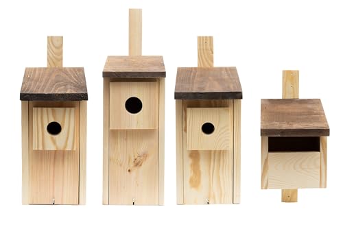 WOODYGIFT 4er Set Wetterfeste Nistkästen aus Holz für Meisen, Spatzen, Stare & Rotkehlchen – Vogelhaus zum Aufhängen – Brutkasten für Vögel – Nistkasten für draußen mit Befestigung (Braun) von WOODYGIFT