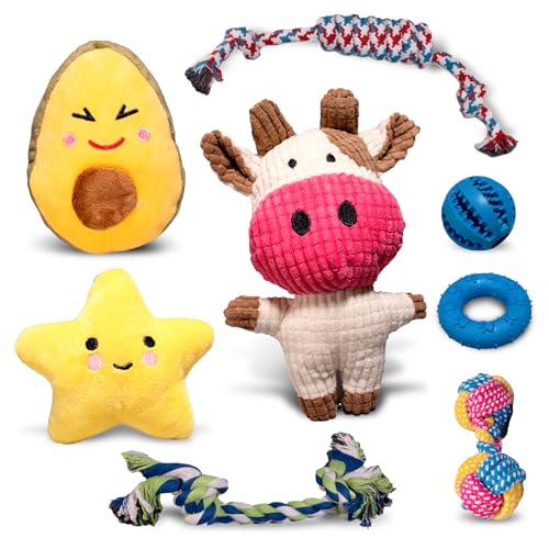 WOOF&MIAU® WOOFY Pack: 8 interaktives Spielzeug für kleine Hunde und Welpen | Packung mit 3 Plüschpuppen, 3 Seilspielzeugen, 1 Beißring und 1 befüllbarem Ball von WOOF & MIAU