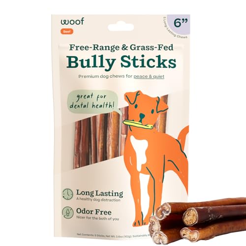 WOOF Bully Sticks Hundeleckerlis – Kaustäbchen für Hunde – langlebige Kau-Leckerlis für Hunde – Hundeprodukte aus Freilandhaltung, Grasfutter – 15,2 cm Stäbchen – 5 Stück WOOF Bully Sticks Hundeleckerlis – Kaustäbchen für Hunde – langlebige Kau-Leckerlis für Hunde – Hundeprodukte aus Freilandhaltung, Grasfutter – 15,2 cm Stäbchen – 5 Stück von WOOF