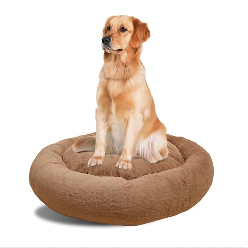 WOOFBOX Beruhigendes Hundebett – Plüsch-Donut-Bett für kleine, mittelgroße und große Hunde und Katzen, Anti-Angst-Haustierbett mit rutschfester Unterseite, waschbares Kunstfell, 4 Farben (Beige, 91,4 WOOFBOX Beruhigendes Hundebett – Plüsch-Donut-Bett für kleine, mittelgroße und große Hunde und Katzen, Anti-Angst-Haustierbett mit rutschfester Unterseite, waschbares Kunstfell, 4 Farben (Beige, 91,4 von WOOFBOX