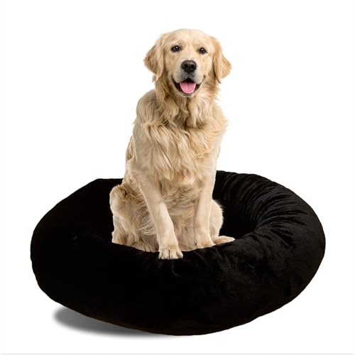 WOOFBOX Beruhigendes Hundebett – Plüsch-Donut-Bett für kleine, mittelgroße und große Hunde und Katzen, Anti-Angst-Haustierbett mit rutschfester Unterseite, waschbares Kunstfell, 4 Farben (Schwarz, von WOOFBOX