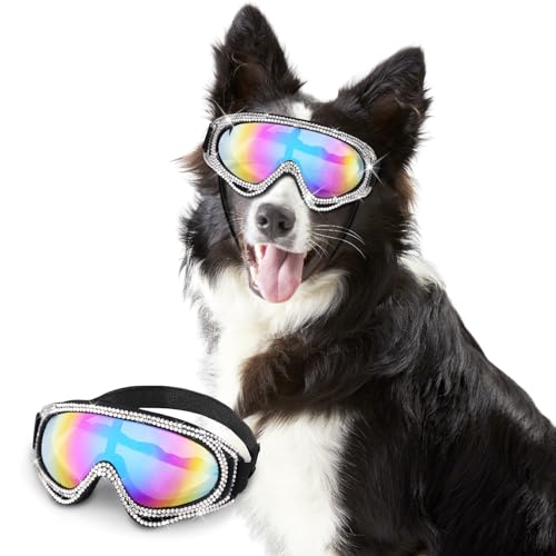 WOOFUU Haustier-Sonnenbrille für Hunde und Katzen – UV-Schutzbrille mit Diamant-Akzenten, farbreflektierenden Gläsern, leicht und sichere Passform (für mittelgroße bis große Rassen) von WOOFUU