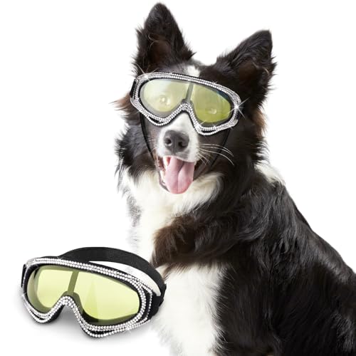 WOOFUU Haustier-Sonnenbrille für Hunde und Katzen - UV-Schutzbrille mit Diamantakzenten, gelb-reflektierenden Gläsern, leicht & sicherer Sitz (für mittelgroße bis große Rassen) von WOOFUU
