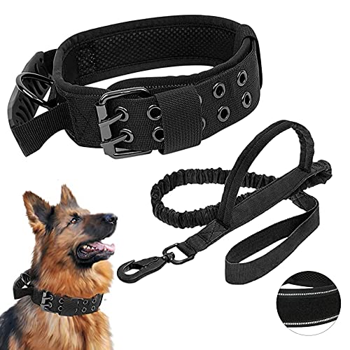 WOOLUCK Halsband Taktisches Hundehalsband mit Griff, Reflektierendes Verstellbare Hundehalsband mit Robuste Metallschnalle, Militär Hundehalsband und Leine Set, für Mittlere Große Hunde,XL von WOOLUCK