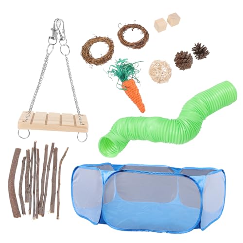 WOONEKY 12-teiliges Holzspielzeug-Set für Haustiere Hamster Kaninchen Meerschweinchen natürliches Molarenspielzeug Laufstall Tunnel Zubehör von WOONEKY