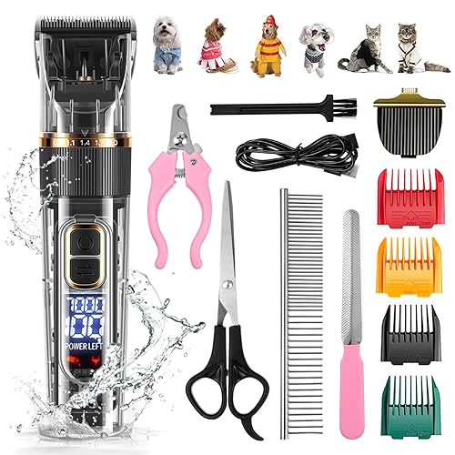 WOONEKY Hundesalon Haarschneider Satz Wiederaufladbare Geräuscharme Schermaschine für Hunde und Katzen Effilierschere Waschbar LED Bildschirm für Dickes Fell von WOONEKY
