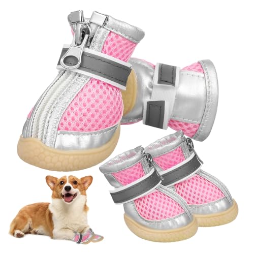 WOONEKY Outdoor-Hundeschuhe für Hunde Netz-Hundestiefel reflektierende Riemen rutschfeste Sohle sicherer Verschluss 4 Paar Rosa Größe 4 WOONEKY Outdoor-Hundeschuhe für Hunde Netz-Hundestiefel reflektierende Riemen rutschfeste Sohle sicherer Verschluss 4 Paar Rosa Größe 4 von WOONEKY