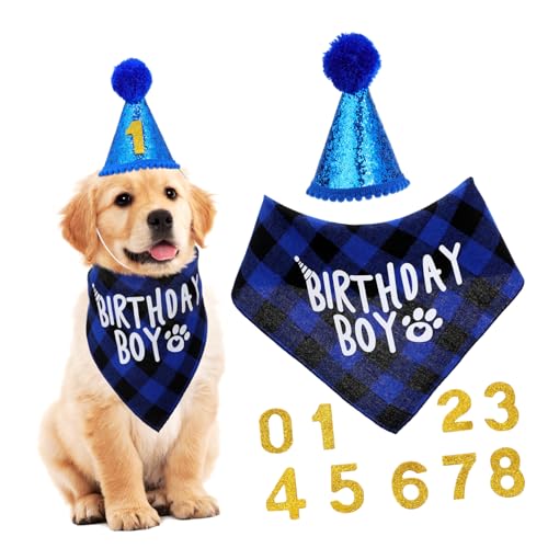 WOONEKY Hundebandana Geburtstag mit Partyhut und Dekorationen Blau Kariert Festliches Hundegeburtstagszubehör Zahlen für Unvergessliche Welpenfeiern WOONEKY Hundebandana Geburtstag mit Partyhut und Dekorationen Blau Kariert Festliches Hundegeburtstagszubehör Zahlen für Unvergessliche Welpenfeiern von WOONEKY