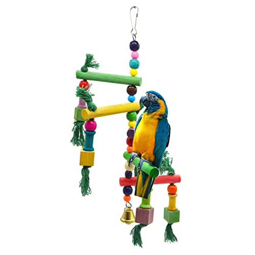 WOONEKY Papageien Kletterleiter Holzspielzeug mit Schaukel Natürliches Vogelspielzeug für Wellensittiche und Kleine Vögel Fördert Aktivität und Geschicklichkeit Sicher und Zufällige Farbe von WOONEKY