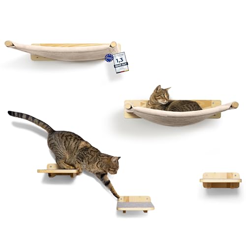 WOOWOOD® Kletterwand Katzen inkl. 2X Katzentreppe Wand [Massivholz] I Kratzbaum Wand I Hängematte Katze I Wandkratzbaum I Katzenmöbel I Katzen Kletterwand Set (5-teilig) von WOOWOOD